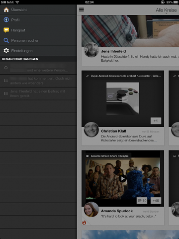Die Hangout-Funktion in der iPad-App von Google+ wird über das Menü gestartet. (Screenshot: Andreas Donath)